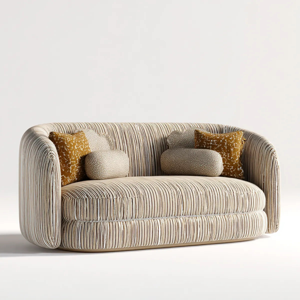 Sofa, Podwójna sofa z paskami w poliestrze, beżowa i brązowa, zaokrąglony kształt 180 x 95 x 78 cm