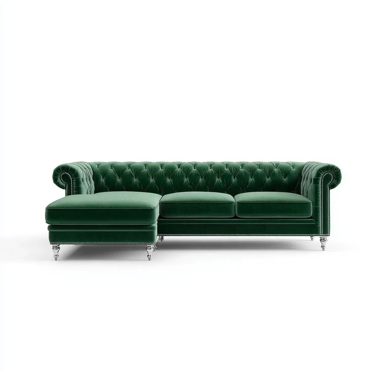 Sofa, Kanapa Chesterfield z lewym narożnikiem 3 szmaragdowa zielona w poliestrowym aksamicie 280 x 165 x 78 cm