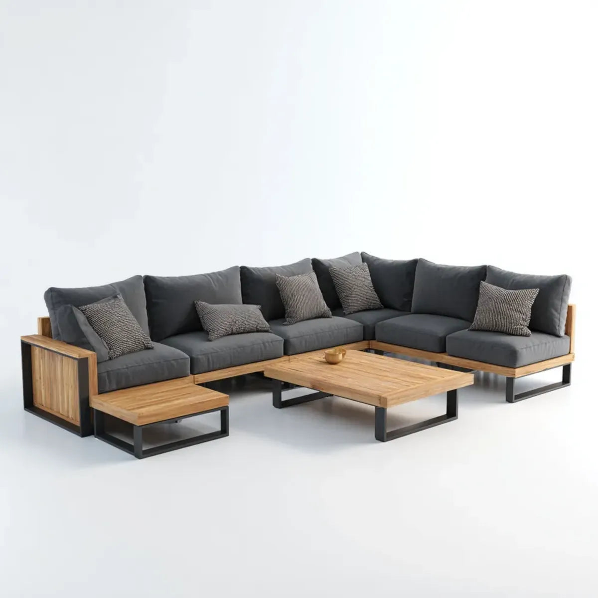 Sofa ogrodowa, Taras salon zestaw ciemnoszary charakter z narożną sofą stolik kawa z drewna acacia i stali 300 x 220 cm