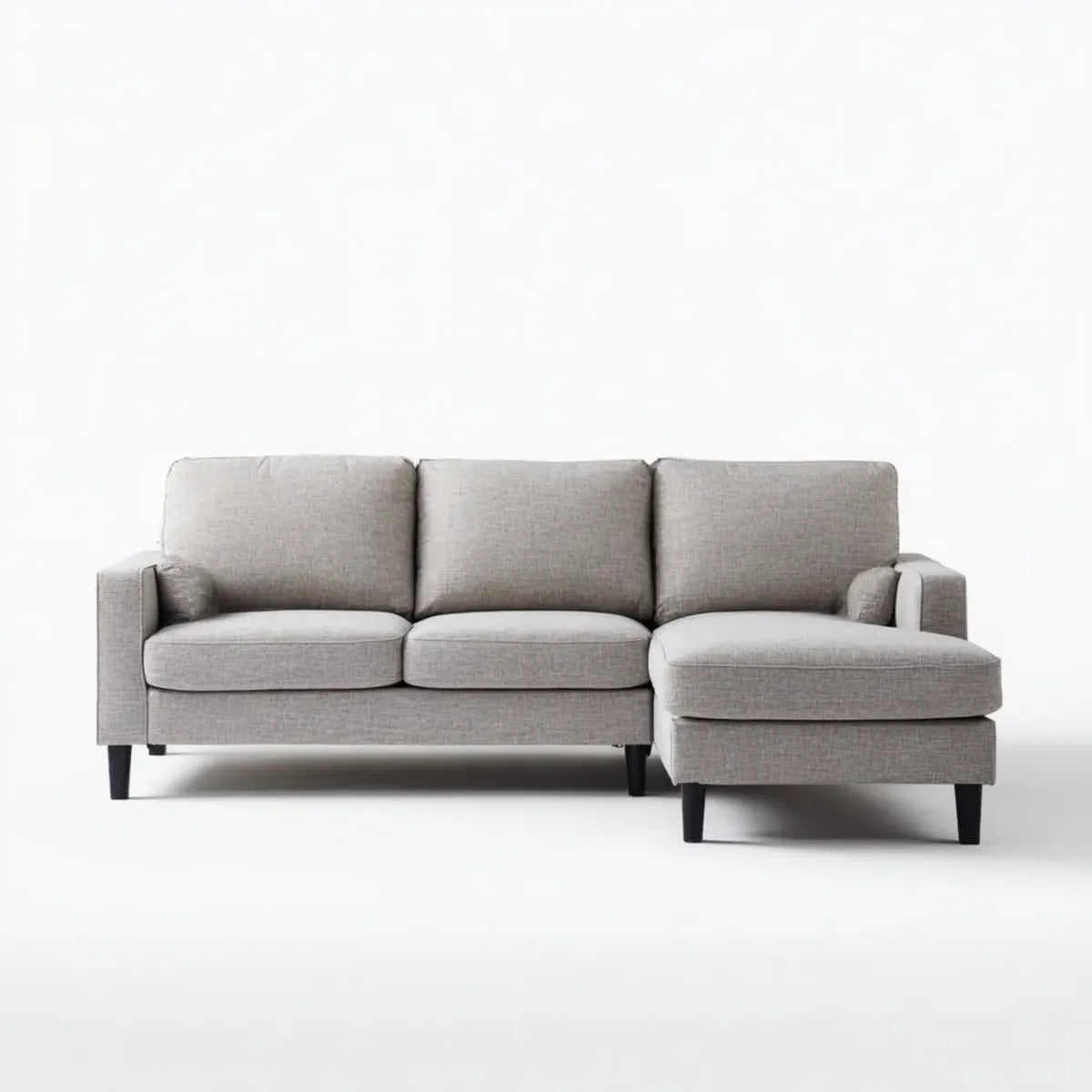 Sofa, 3 fotela z szezlongiem na prawej szarej, prawej stronie, 220 x 145 x 85 cm, poliestrowy kształt L