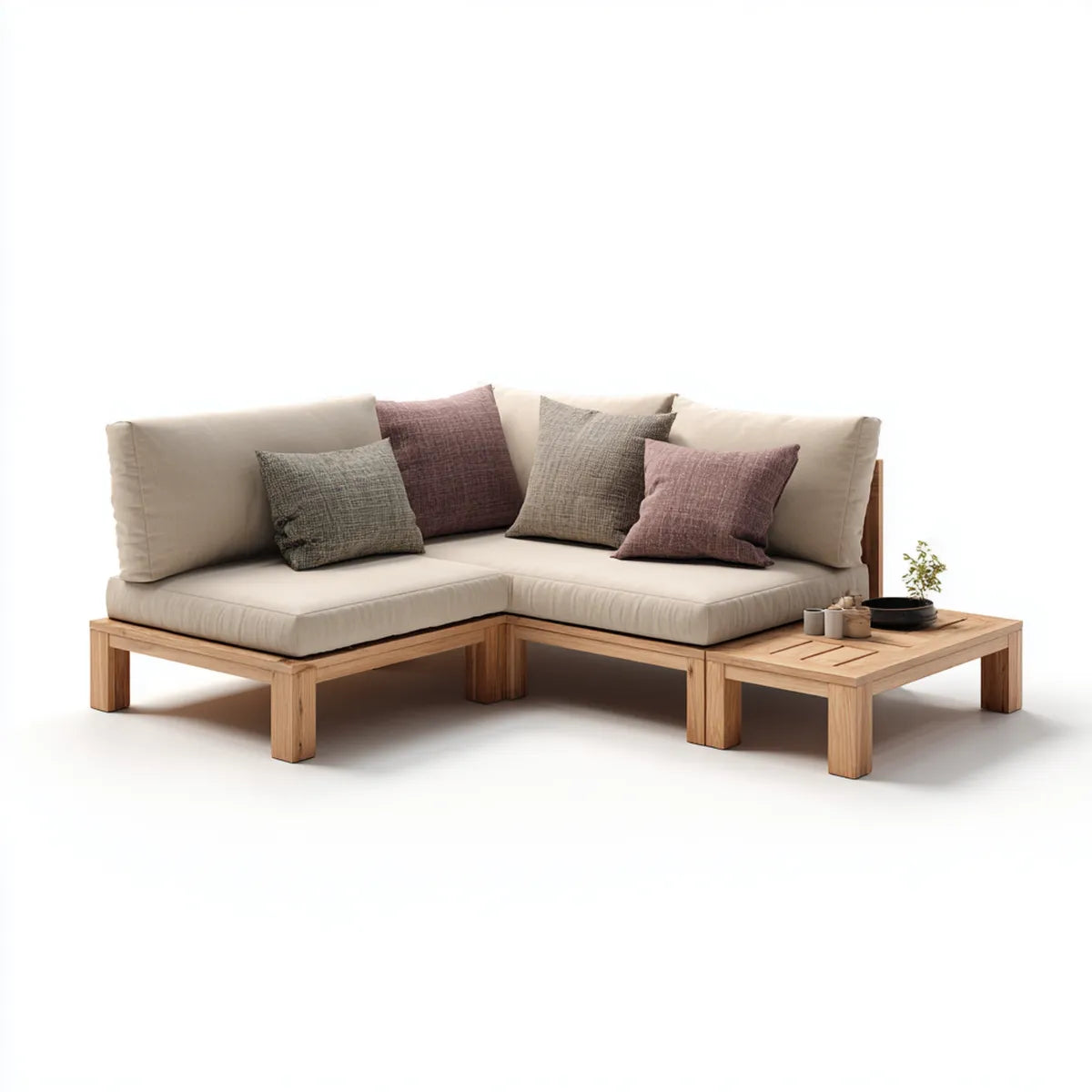 Sofa ogrodowa, Taras loungeset narożna sofa z boku stół Beżżowa naturalne drewno 200 x 200 x 70 cm lite drewno poliestrowe kształt litery L