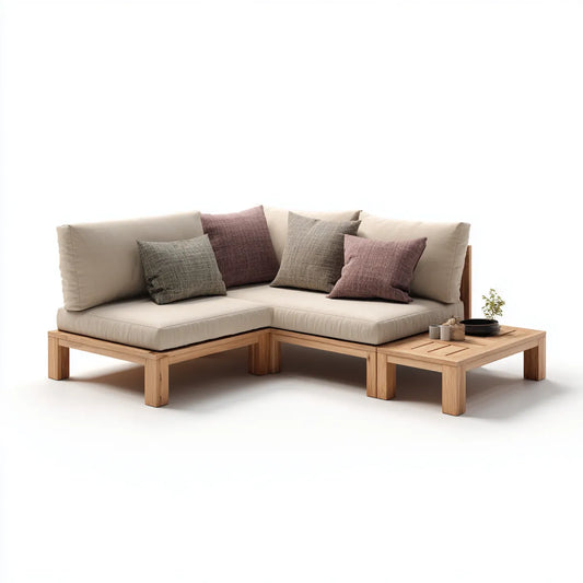 Sofa ogrodowa, Taras loungeset narożna sofa z boku stół Beżżowa naturalne drewno 200 x 200 x 70 cm lite drewno poliestrowe kształt litery L