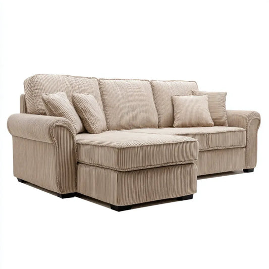 Sofa, 3 fotela z beżowym pufem w poliestrowym, żebrowanym aksamicie, o prostym kształcie 230 x 95 x 90 cm