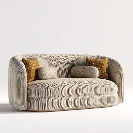 Sofa, Podwójna sofa z paskami w poliestrze, beżowa i brązowa, zaokrąglony kształt 180 x 95 x 78 cm