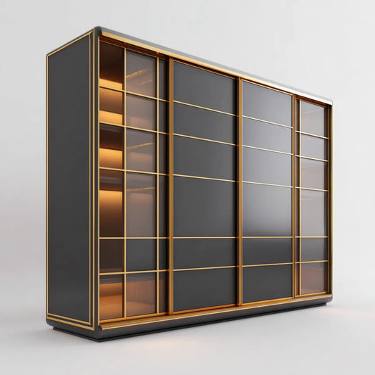 Szafa 4-drzwiowa przesuwne czarne złoto ze szkła fumé 240 x 60 x 220 cm w panelu MDF i prostokątne szkło hartowane