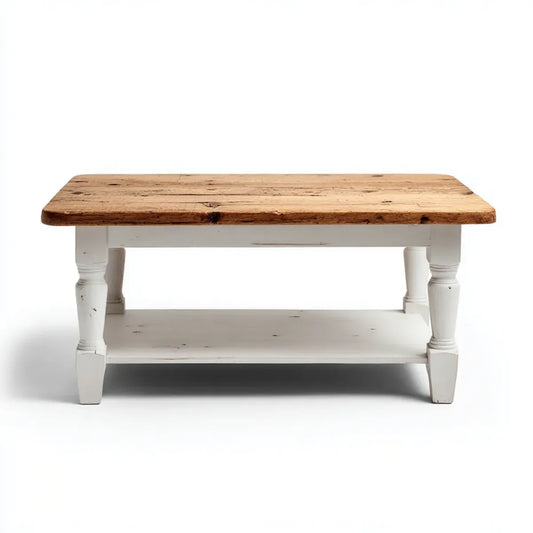 Stolik kawowy, Stół kawowy Biała naturalna 100 x 60 x 45 cm lite drewno prostokątne z półką