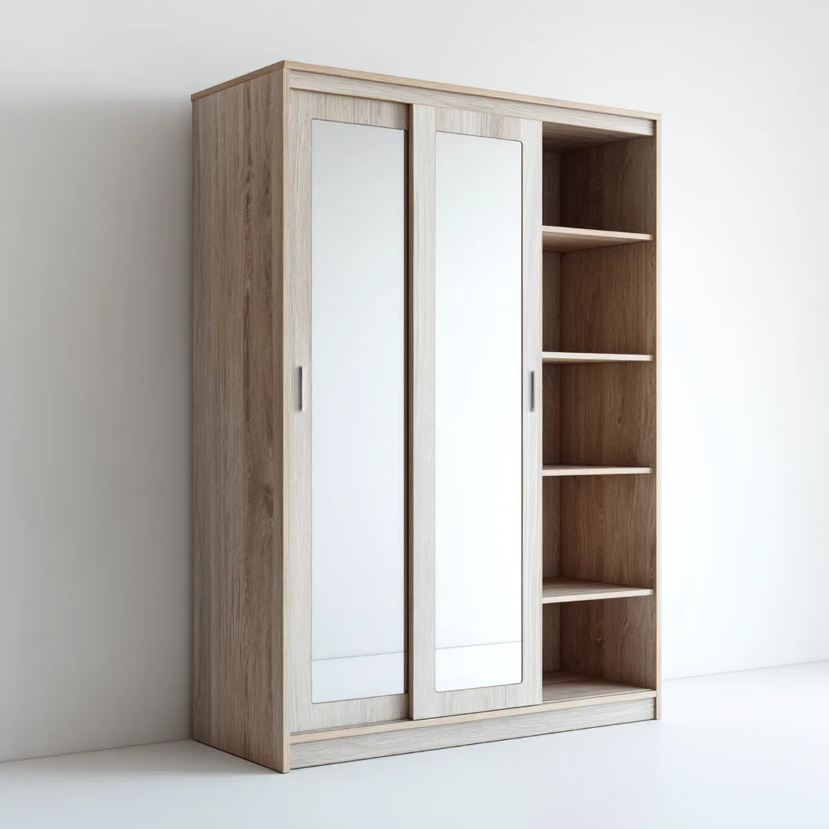 Szafa z 2 drzwiami przesuwnymi lustrzanymi i 4 półkami z lekkiego dębu 180 x 60 x 220 cm w płycie wiórowej melaminy
