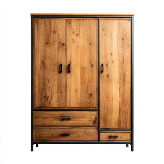 Szafa 3-drzwiowa z 3 szufladami dębu naturalnego i czarny 120 x 55 x 200 cm w litym drewnie i prostokątnej stali