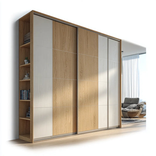 Szafa z 3 drzwi przesuwne naturalny dąb i biały 300 x 60 x 220 cm w prostokątnych panelach melaminowych