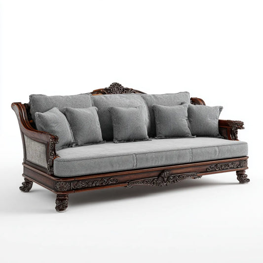 Sofa, 3 fotela prosta sofa szara i brązowa 230 x 95 x 105 cm w buku i poliestrze