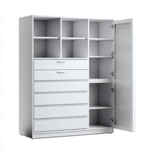 Szafka, Biała szafka na szafki łazienkowe w MDF 120 x 40 x 180 cm prostokątne z drzwiami i 5 szufladami