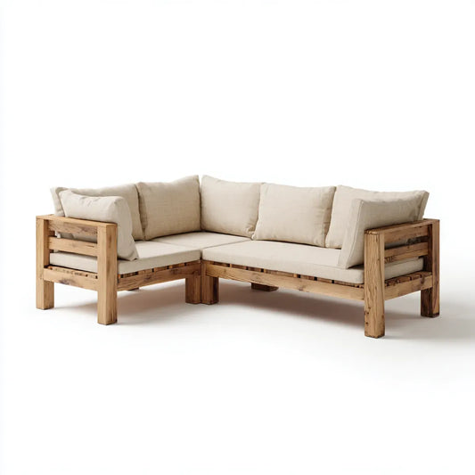 Sofa ogrodowa, Taras narożna sofa 2-część beżowe z litego drewna acacia kształt L- 220 x 160 x 78 cm