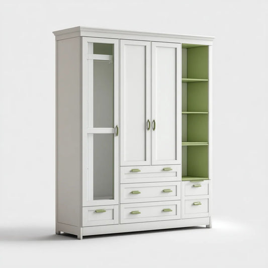 Szafa z lustrem 3 drzwi 6 szuflady i półka Biała zielony MDF 160 x 52 x 200 cm prostokątna