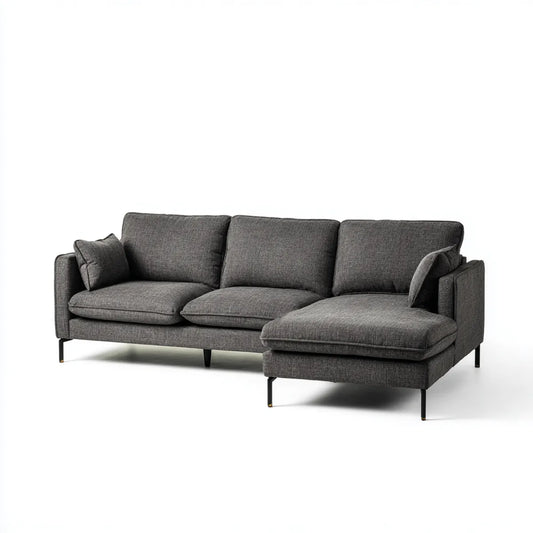 Sofa, 3 fotela w szarej, poliestrowej sofie z szezlongiem 270 x 160 x 85 cm