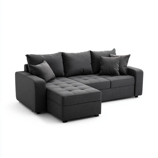 Sofa, 3 fotela z antracytem szarym z lewym polisterem szezlong 250 x 160 x 85 cm
