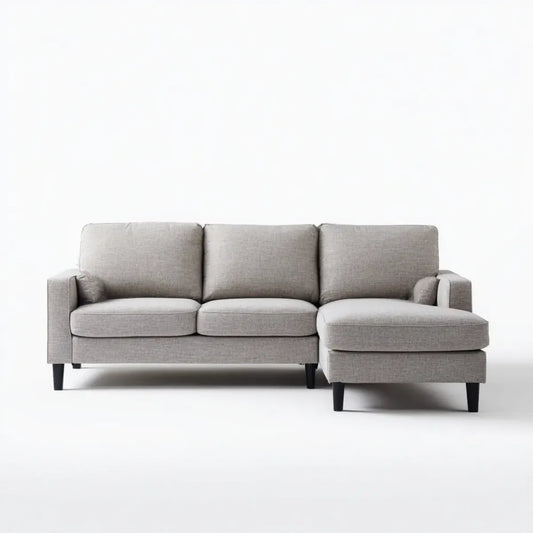 Sofa, 3 fotela z szezlongiem na prawej szarej, prawej stronie, 220 x 145 x 85 cm, poliestrowy kształt L