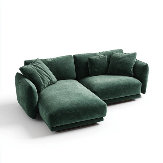 Sofa, 4 fotele ciemnozielona sofa w poliestrowym aksamicie z szezlongiem w lewej stronie 280 x 170 x 85 cm