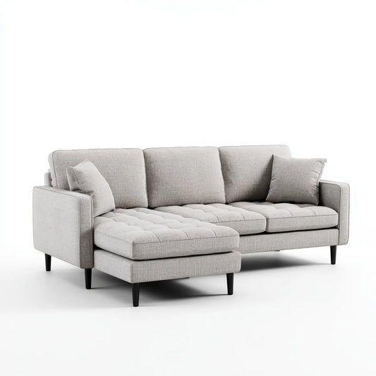 Sofa, 3 fotela z lewym narożnikiem jasnoszarym poliestrowym kształtem 250 x 160 x 85 cm